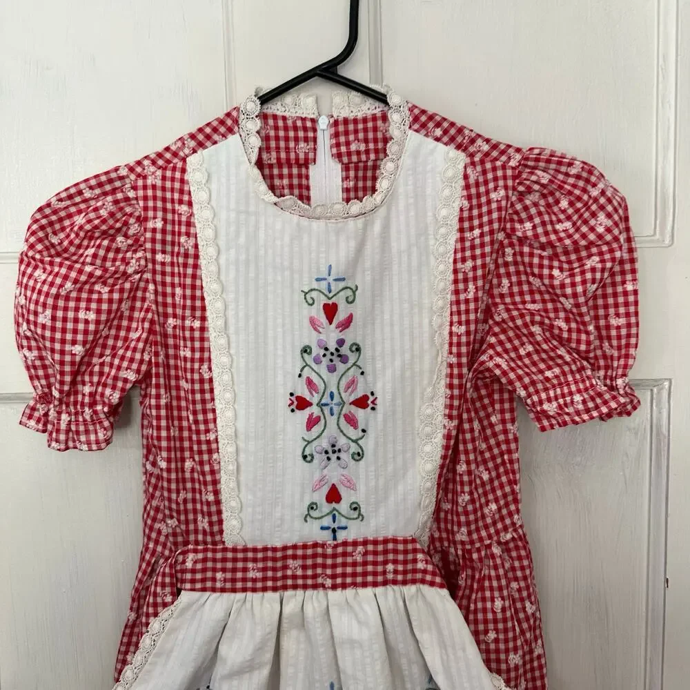 Vintage Girls Handmade Dress 70s Red White Gingham Embroidered‎ Apron Front Tie